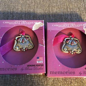 2 Vtg Gloria Duchin Genuine Pewter Purse Christmas Ornaments Pink Accents NOS